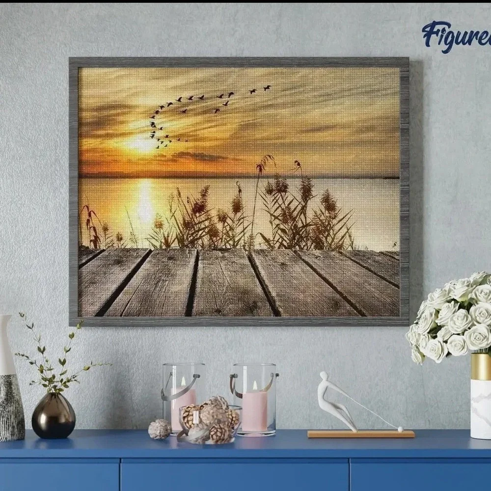 Figured'Art Diamond Painting Kit Sunset Lake Birds DIY Art‎ 16x20 NEW